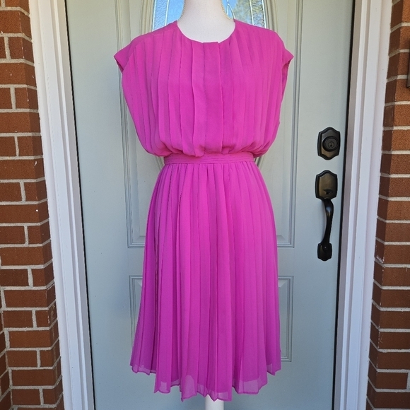 J Crew Collection Blouson Dress Wild Peony Pink Cap Sleeve Pleated Plisse - Picture 1 of 10